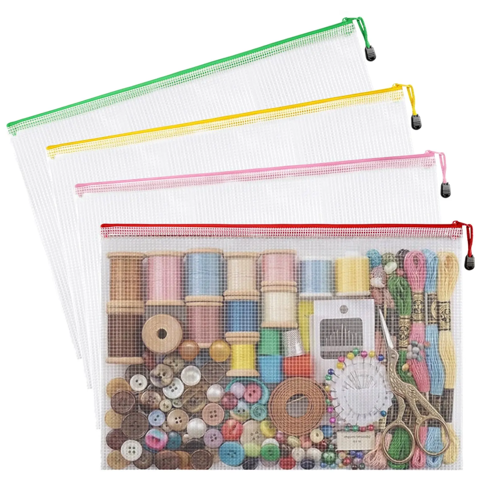 Home Organizer Storage Bags, 4-Pack 17x12 in Lightweight Clear Mesh Zippered Bags for Needlepoint, Quilting Enthusiasts