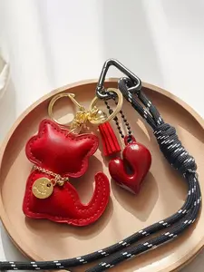 Keychain Bag Pendant Set, Keychain for bags, Keychain Wristlet Strap - Pu Leather Necklace Cat, Heart-Shaped And Tassel Decorations, Triangular Spring Buckle Design, Women's Clothing Accessories, Handbag Backpack Decoration Pendant