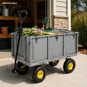 4-in-1 Oversized Steel Heavy Duty Wagon, 880lbs All-Terrain Utility Trolley/Gardening Cart with Pullable Mesh Floor, Removable Liner, Side Panels, Mesh Tray for Lawn & Landscaping, Gray