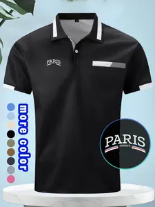New Men's Casual Polo Shirt, Chest Pockets, Paris Print Collar Button Business Short Sleeve Tee, Comfortable Breathable Fabric, Soft Material