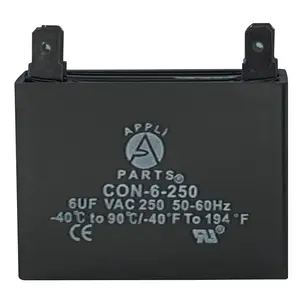 Appli Parts Fan Capacitor 6 mfd (microfarads) uf 250 VAC 4 Terminal Connections compatible with any brand within the same range of capacitance 1-7/8in Width 3/4in Depth 1-3/4in Height CAP-6-250