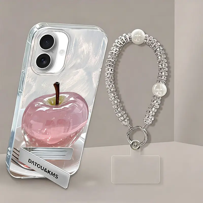 Suitable for [iPhone 16] Latest high-end phone case,Free stand and exquisite lanyard included.Features a Cute Pink Apple Print Design.YM99
