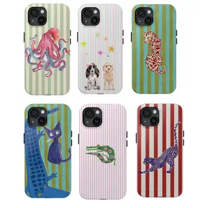 Aesthetic Animal Phone Case – Cute Octopus, Cat, Dog, Leopard & Crocodile Art on Colorful Stripes – Retro Cartoon Protective Cover for iPhone 17 Pro Max 17 Air 17Pro 16 15 14 13 12 11 Pro & Samsung, Gift For Her & Him, Cute Phone Case, Animal Striped Case