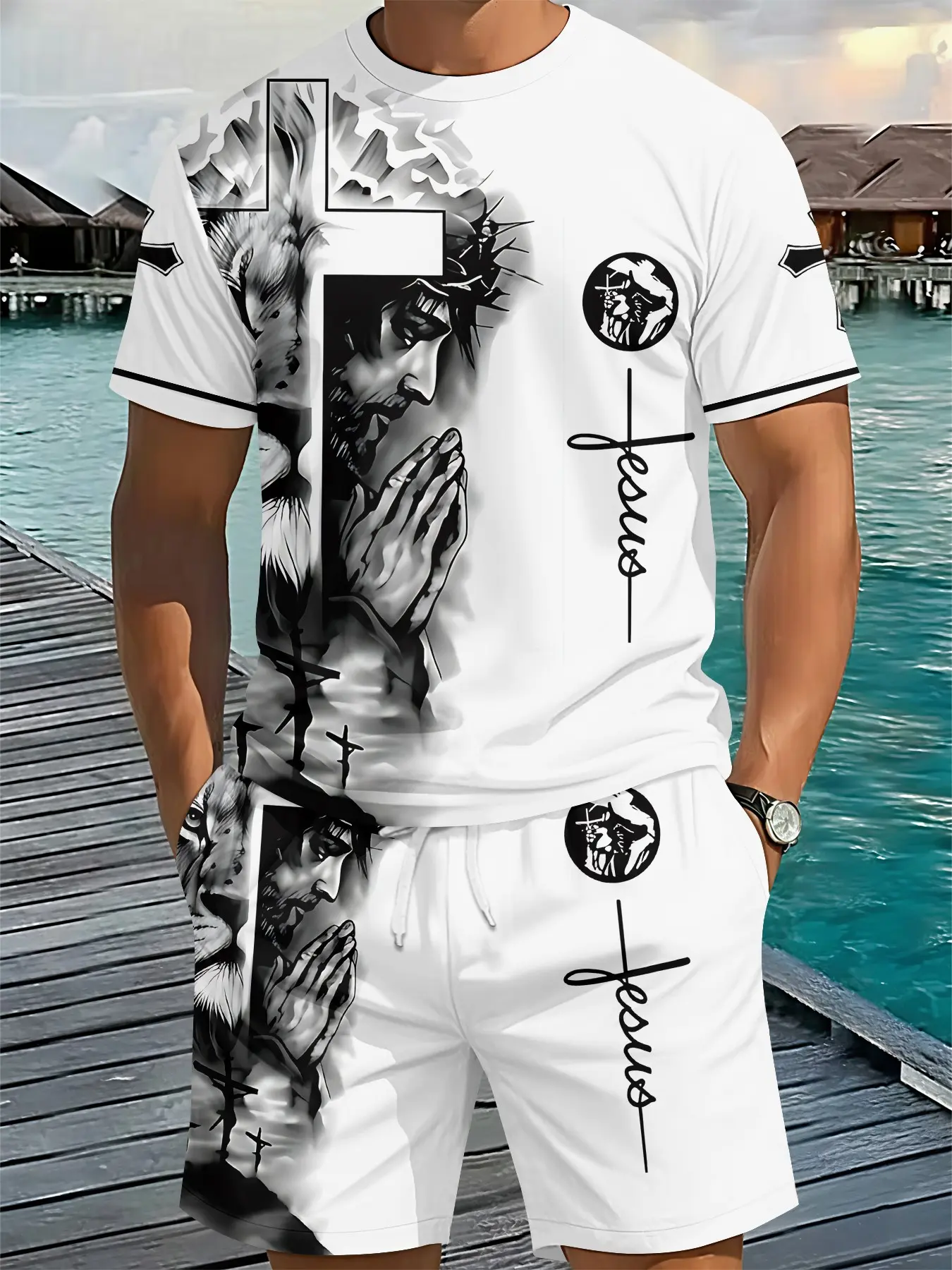 Faith-themed black-and-white 3D digital printing two-piece set, 2Pcs, Sweatsuit sets, fashion suit, retro casual two-piece set, resort-style tropical outfit, breathable sports casual style, an ideal holiday gift for men, Menswear
