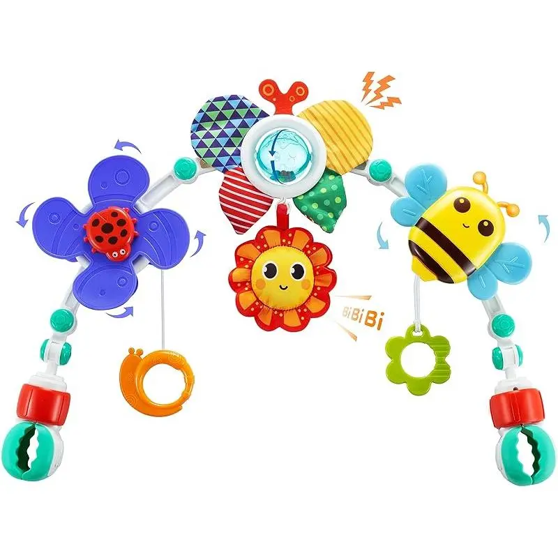Baby Stroller Arch Toy with Mirror & Interactive Pull Ring BPA-Free Sensory Development for Infants 0-18 Months Fits Bassinet Crib Car Seat