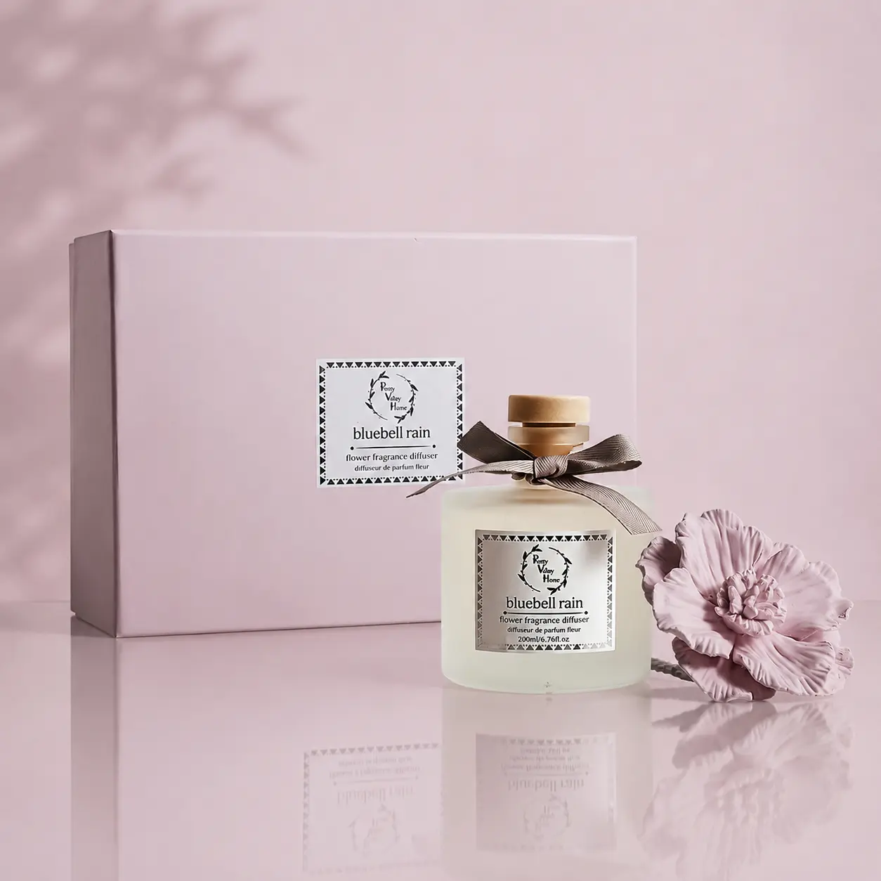Pretty Valley Home-Reed Diffuser Sets, 6.76 Fl. Oz / 200ML Ceramic Diffuser Flower Gift Box, Home Reed Diffuser for Bathroom Office Bathroom Living Room Decor (Bluebell RAIN Pink)