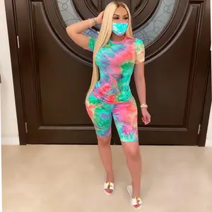 Women's Casual Comfy 2 Piece Set with T-Shirt and Shorts and Face Mask - Outfit