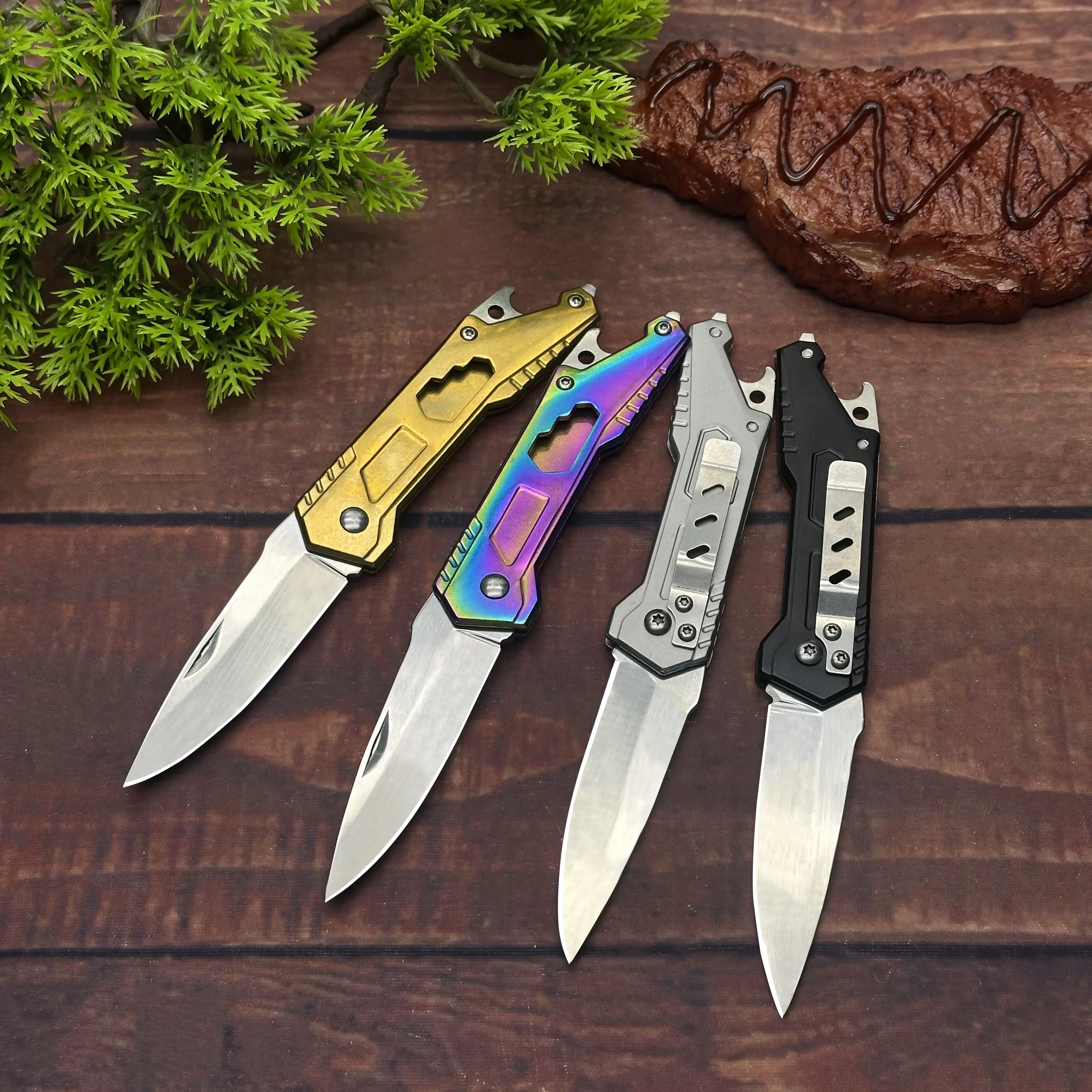 4-piece outdoor kitchen knife set with multi-color handles and storage case, portable food prep knives suitable for camping, picnics, barbecues and all outdoor dining scenarios