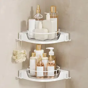 360 ° Rotating Corner Shower Caddy(2-Pack), No-Drill Adhesive Shower Shelf Organizer with Hooks, Lazy Susan Bathroom Storage for Bathtub, Shower Corner & Kitchen Sink, Space Saving Bathroom Organizer
