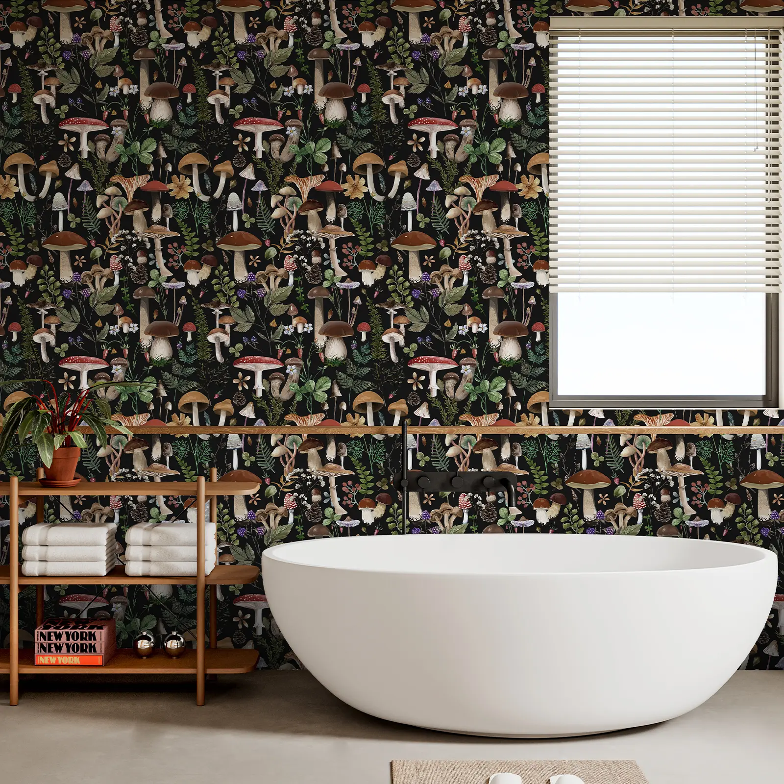 JIFFDIFF Mushroom Peel and Stick Wallpaper Black Boho Contact Paper, Removable Self Adhesive Wallpaper for Bedroom Bathroom Cabinet Countertop, Funky Vintage Mushroom Wall Paper 17.3" x 200"