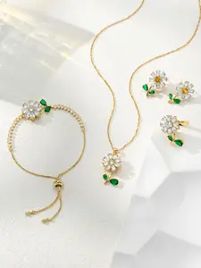 Spinning Sunflower Crystal Jewelry Set for Women, Necklace Bracelet Ring Earrings, Elegant Gift