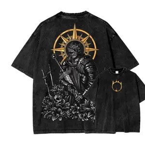 Retro Washed Black Oversized T-Shirt, Gothic Knight & Golden Sun Graphic Print Casual Short Sleeve, Unisex Streetwear for Men & Women, Loose Fit for Outdoor & Daily Wear