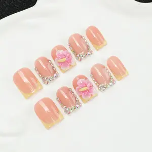 Handmade Nude French Tip Press On Nails , 3D Pink Flower & Iridescent Rhinestone Decor ,Yellow French Edge , Reusable Salon Manicure ,Includes Complete Nail Tool Kit,Exquisite gift, suitable for daily wear and giving to women, French Nail Art
