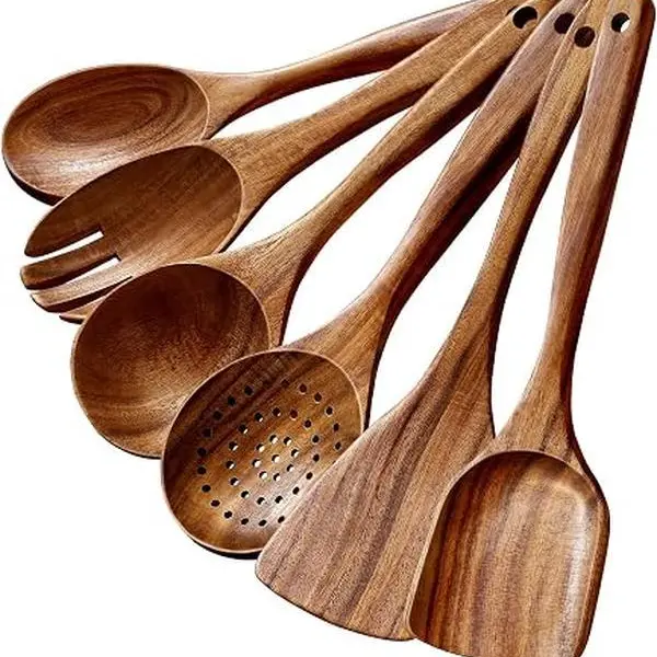 Wooden Kitchen Utensils Set - 6-Piece Collection of Spoons, Forks, and Ladles for Cooking and Serving