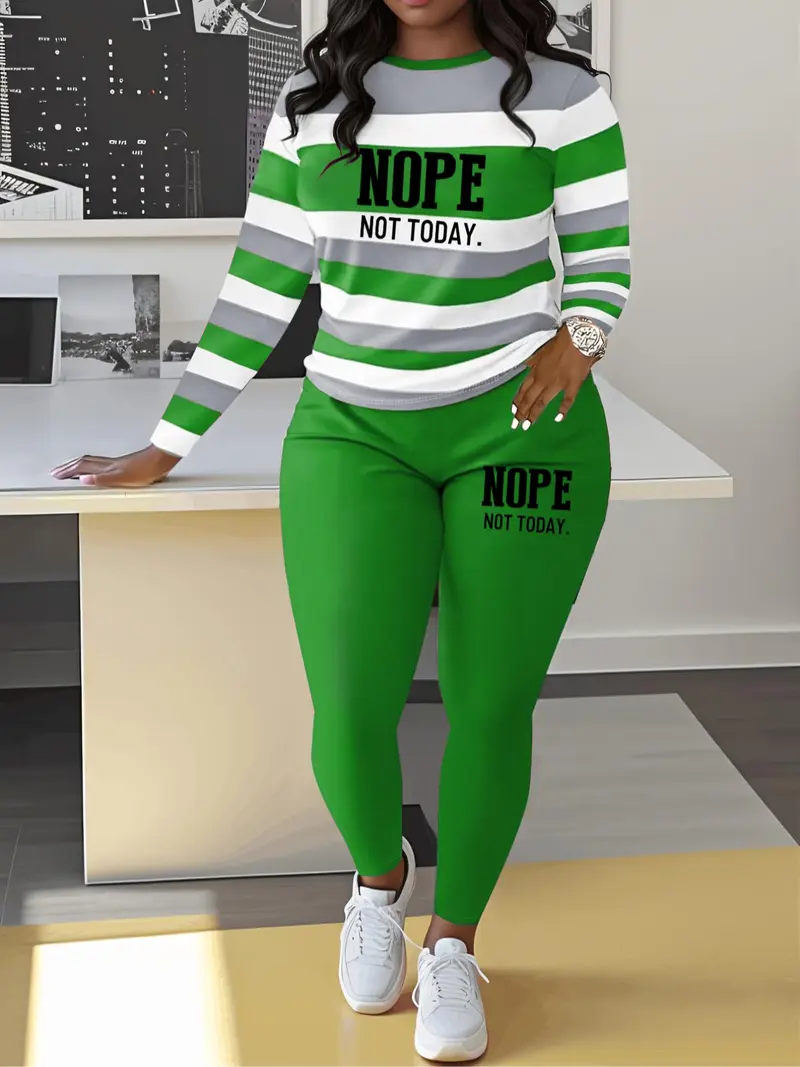 Two-piece Set Women's Striped and Letter Print Tee & Elastic Waist Pants, Casual Long Sleeve Top & Trousers for Spring & Fall, Women's Clothes for Daily Wear, Casual Outfits Women