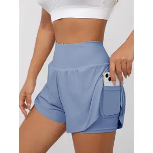 Women's 2 in 1 Solid Color Pocket Sports Shorts, Breathable Fitness Shorts, Casual Comfy Breathable Skinny Shorts for Yoga Gym Workout Running, Ladies Sportswear for Spring & Fall, Athletic Shorts