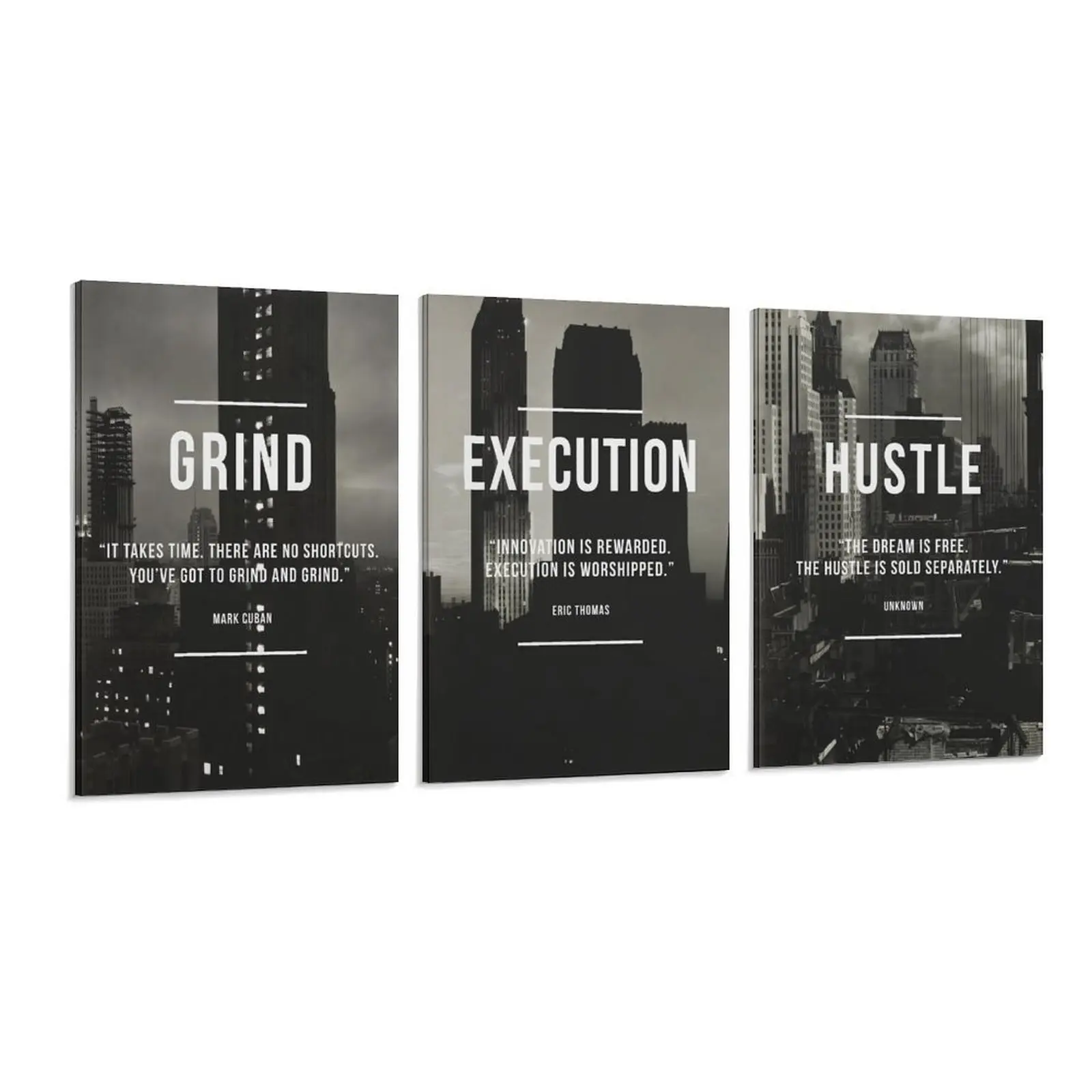 GRIND EXECUTION HUSTLE 3-Panel Canvas Wall Art, Black and White Modern City Skyline Motivational Poster Set, Minimalist Success Quote Decor, Office Man Cave Bedroom Inspirational Canvas Print, Entrepreneur Mindset Wall Decoration