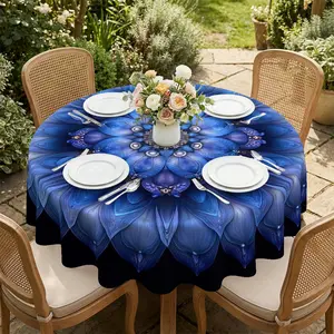 Blue Lotus Pattern Printed Round Tablecloth, Suitable for All Seasons, Reusable Round Tablecloth, Home Decoration