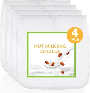 4 count 12"x12" Nut Milk Bag, Fine Mesh Nylon Cheese Cloth Bag for Straining,  Strainer Bags for Almond Milk, Yogurt, Juice, Cheese Making, Cold Brew Coffee,