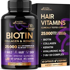Biotin, Collagen, Keratin & Hyaluronic Acid Hair Growth Support Supplement with Vitamins B1 | B2 | B3 | B6 | B7 for Women & Men - Made in USA