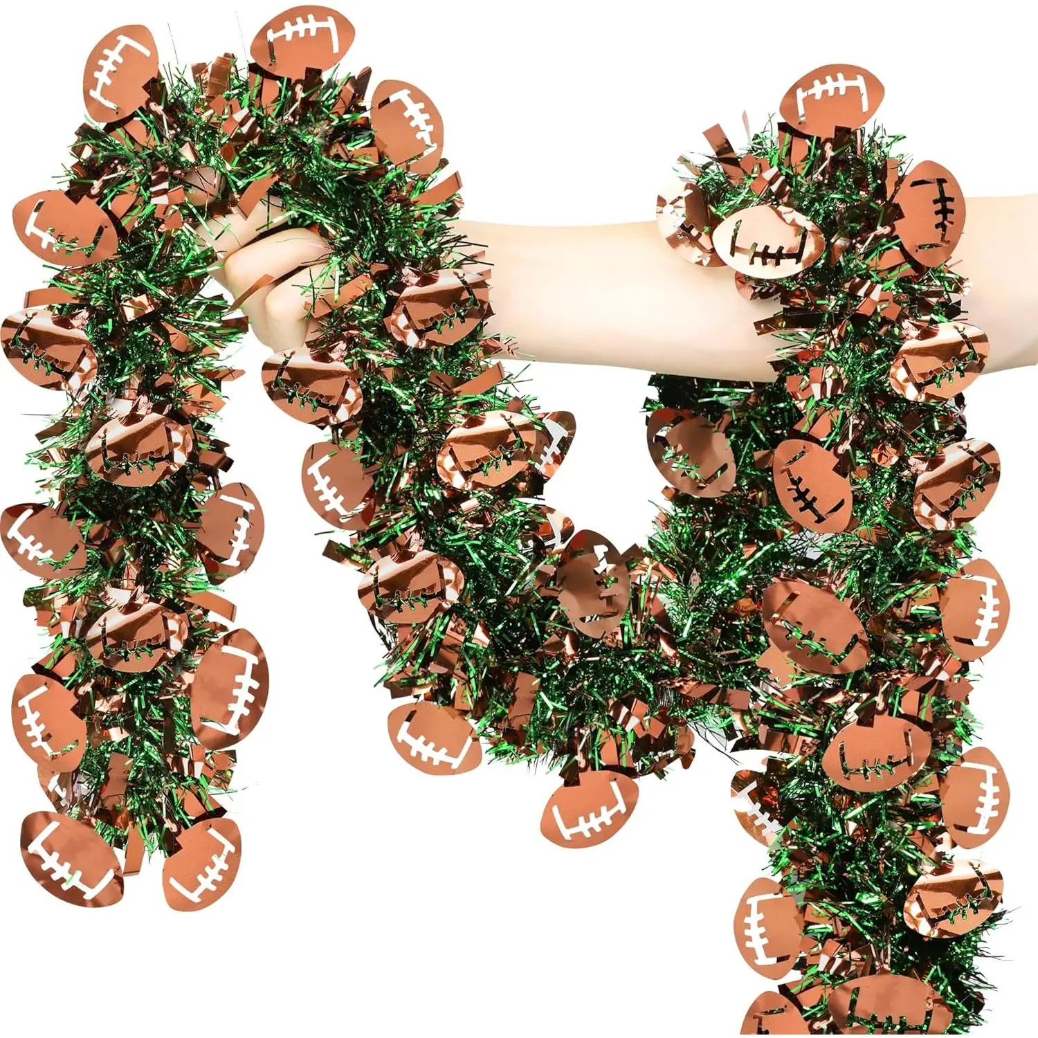 50 FT Superbowl Party Decorations, Football Tinsel Garland Brown Green Shiny Metallic Twist Football Garland for Sports Game Home Tree Mantle Stairs Indoor Outdoor Football Party Decorations