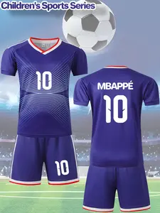 2 pieces of color-blocked jersey number 10 with name MBAPPÉ printed boys' short-sleeve football jersey V-neck T-shirt and shorts set, suitable as comfortable, fit and Sporty Design sportswear, Sport Clothing for boys, Soccer Jersey