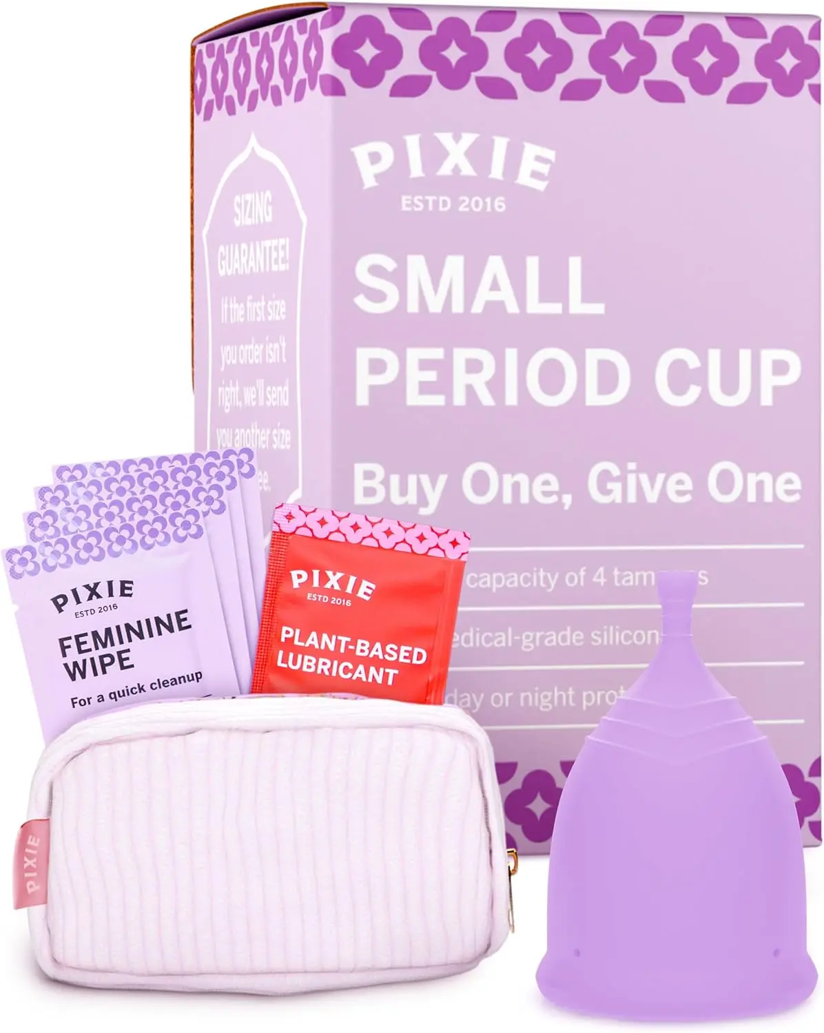 Pixie Soft Menstrual Cup - Ranked 1 for Most Comfortable Reusable Period Cup - Buy One We Give One - Includes Ebook Guide, Cleaning Wipes, Lube, & Storage Bag - Tampon and Pad Alternative (Small, Purple)