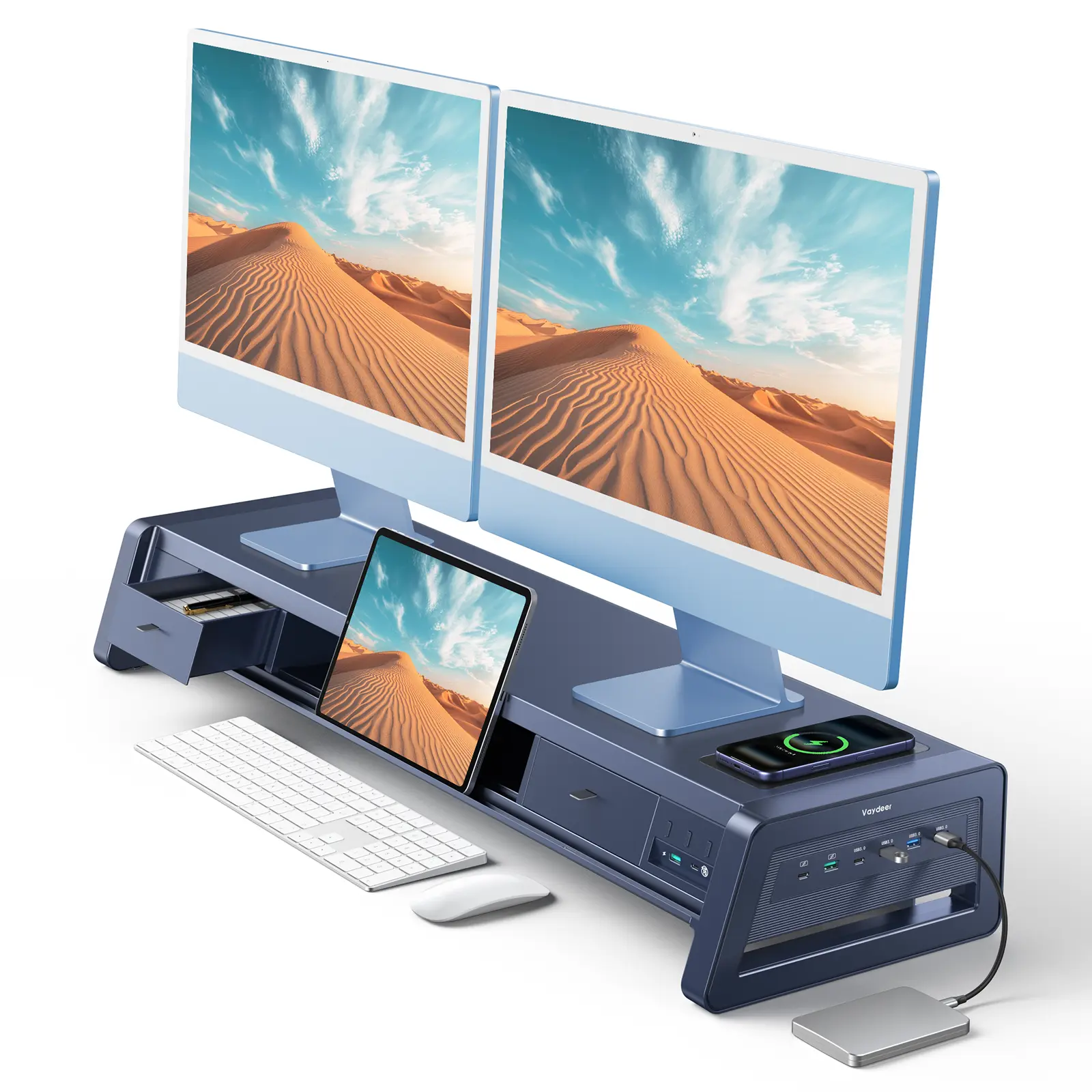 Vaydeer Metal Dual Monitor Stand Riser - Monitor Mount with 8 USB Ports, Wireless Charging Pad, 2 Storage Drawers, Desk Organizer, Ergonomic Durability, LED Lighting for Office Setup, Laptop Desk, Office Accessories, Ipads, Kindles