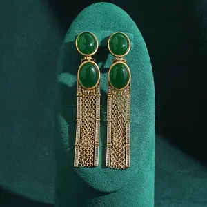 Retro Vintage Oval Emerald Natural Stone Metal Chains Tassel Drop Earrings for Woman Antique Jewelry Wedding Accessories New