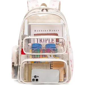 Clear Backpack Heavy Duty Transparent Bag See Through BookBag for Student School Work Festival Sport Travel (Beige with Pink Bow)