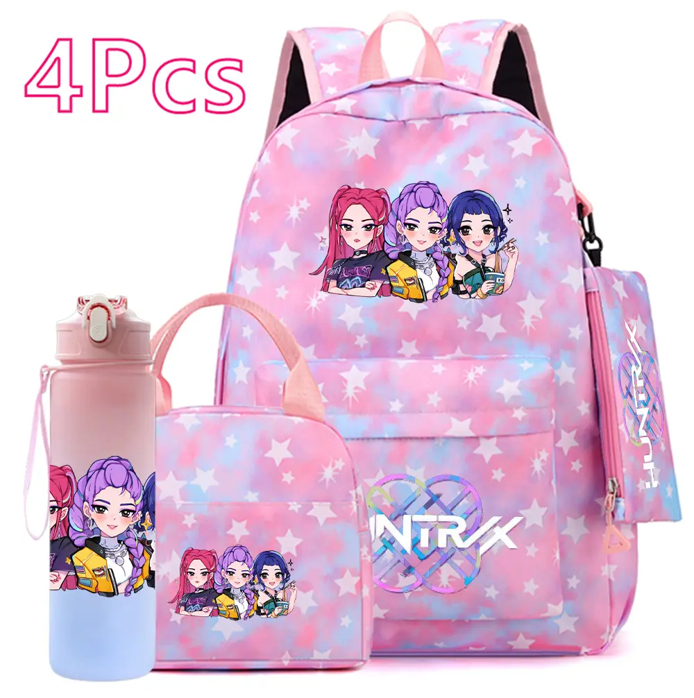 2026 HUNTR/X Pink KPop Backpack Set 4PCS | Girls School Bag with Lunch Bag & Water Bottle