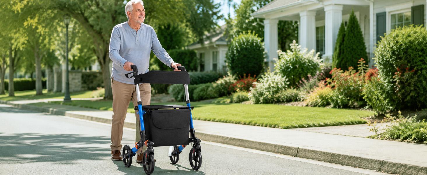 Foldable Rollator Walkers with Seat for Seniors, Big Wheels, 330 lb. Weight Capacity, Adjustable Handles and Seat Height, Lightweight Rolling Walker