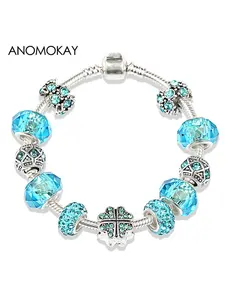 Simple Blue Crystal Four-Leaf Clover Flower Beaded Charm Bracelet Casual Jewelry Gift