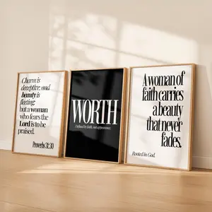 Proverbs 31:30 Christian Wall Art Set of 3, Worth Faith Quote Prints, Elegant Christian Girl Bedroom Decor, Neutral Black Scripture Prints
