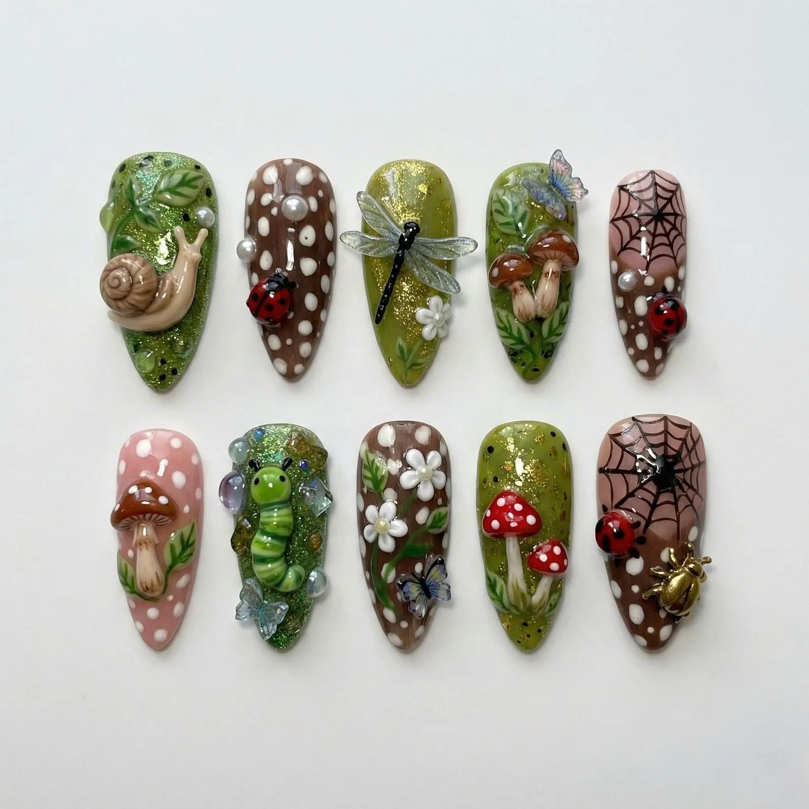 Cottagecore Press On Nails | 3D Snail, Ladybug & Mushroom Forest Fairy Nail Set