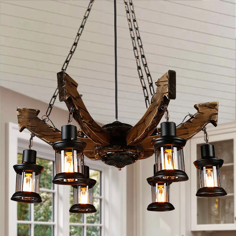 Retro Wooden 6-Head Arrowhead Pendant Light - Linen Shade, LED Bulbs, Metal Accents, 3-Stage Adjustable Chain with Adjustable Length, 6 E26 Lamp Sockets, 30 Inches Width, Sturdy Ceiling Mount, Wall Control for Dining Rooms