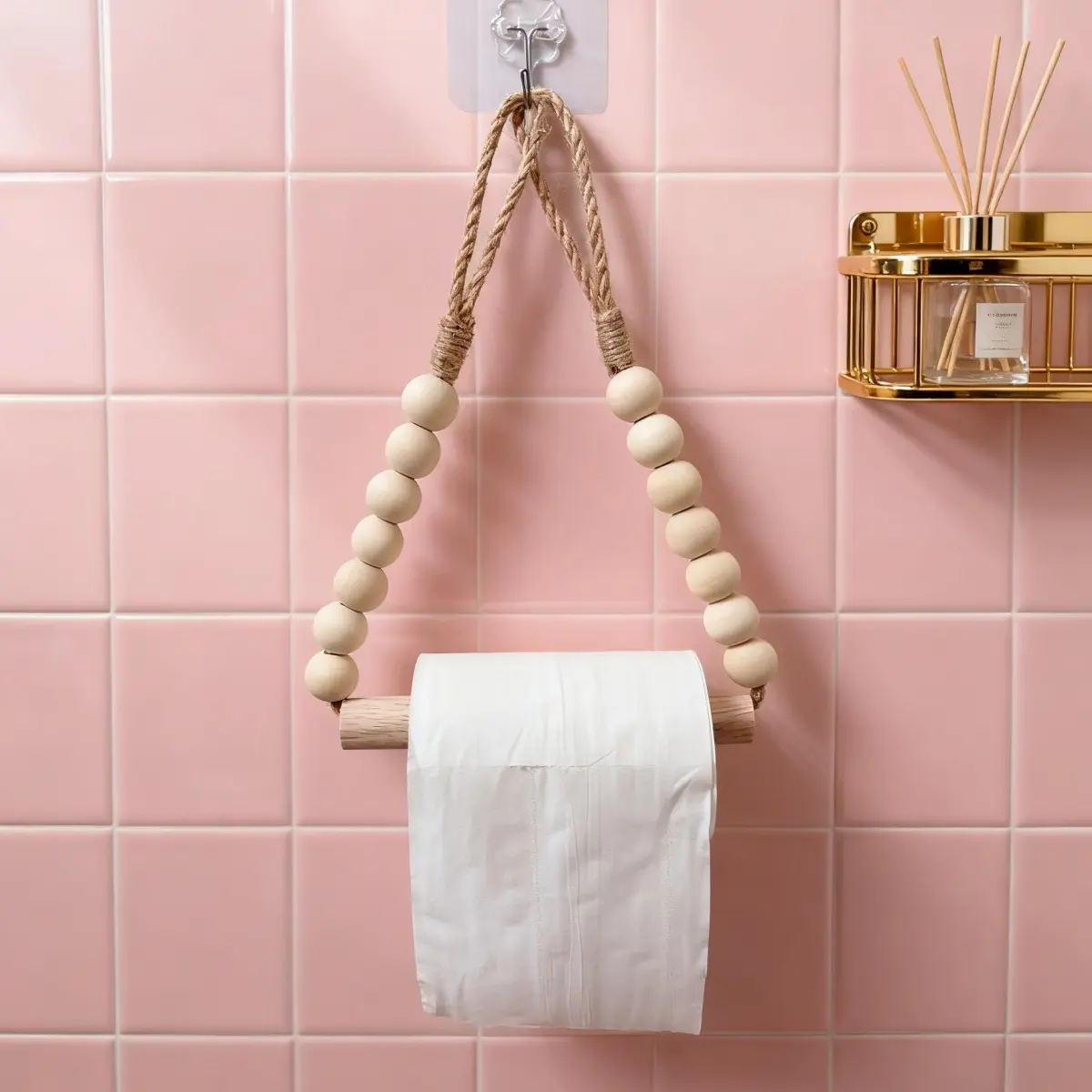 Wall-Mounted Adjustable Rustic Beaded Wooden Stick Towel Rack - Bathroom Gadget with Shelves, Nordic Log Style Decorative Organizer, Roll Holder for Bathroom Homestay Supplies