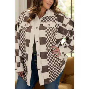 Plus Size Checkered Button Up Long Sleeve Jacket