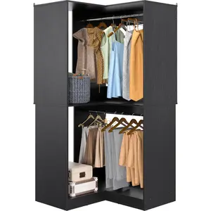 Corner Closet System, 32 Inches Wide Wood Corner Unit with 2 Hanging Rods and All Hardware Kits, 3-Tier 80'' Height Corner Wood Closet Tower, Black