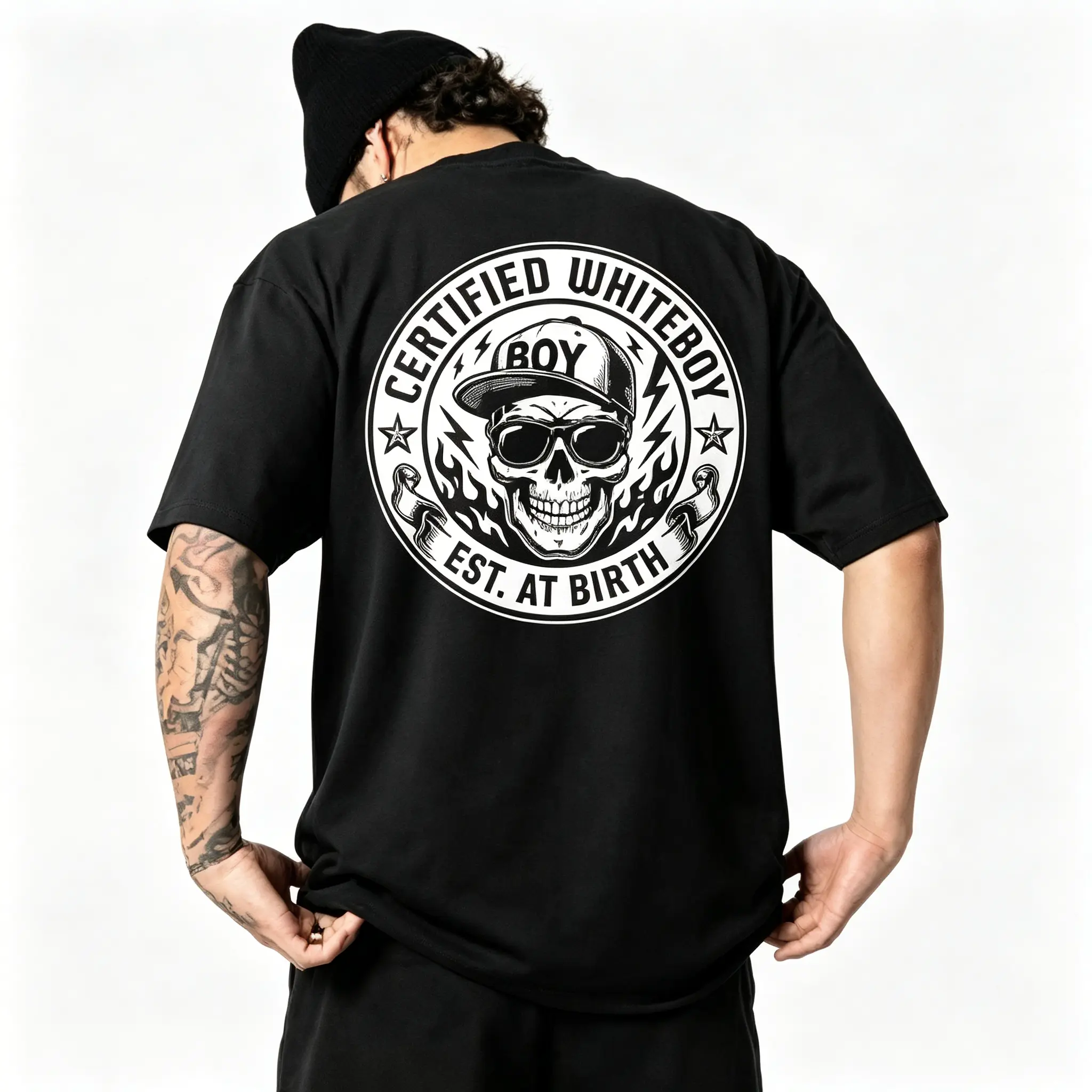 Menswear Casual Short-Sleeve Certified Graphic Top, Unisex Whiteboy American Pullover, Black Streetwear Fashion Sweater