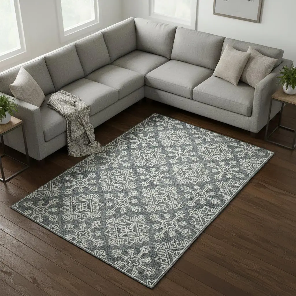 HomeRoots 570350 8' x 11' Dark Gray & Ivory Wool-Cotton Geometric Hand-Hooked Transitional Home Decor Rug, Floor Heat Safe, Health Rate Certified Living Room Carpet
