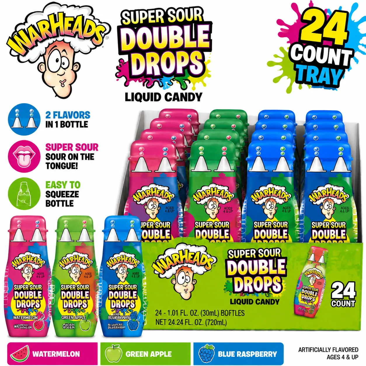 Warheads Double Drops Liquid Candy 24 Count Tray  Sweet & Sour Liquid Candy | Fun Interactive Sour Treats