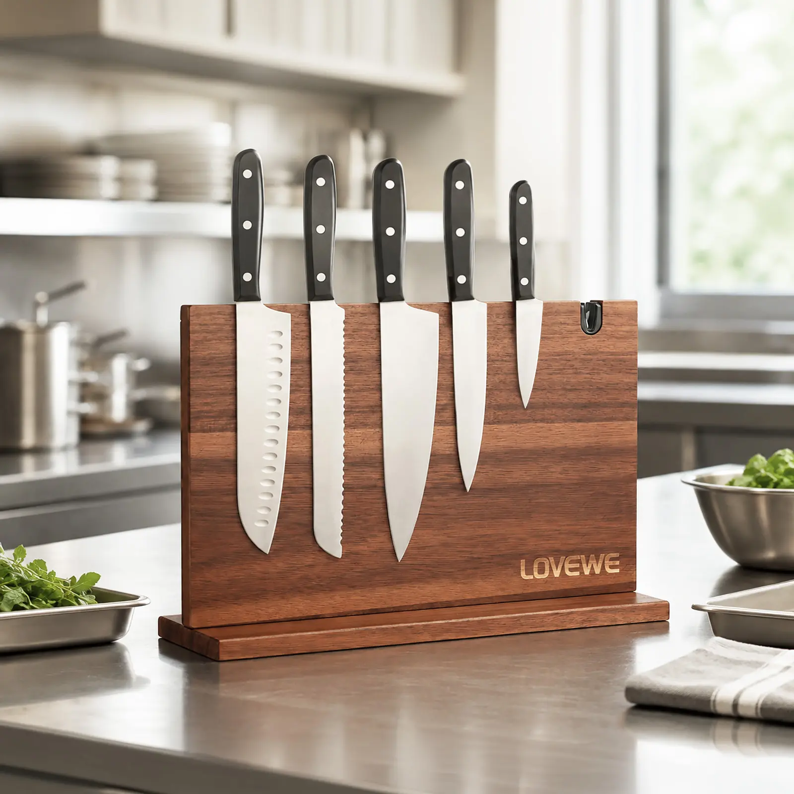 Large Magnetic Knife Block with Dual Sharpeners, Acacia Wood Knife Holder & Display Stand with Strong Magnets