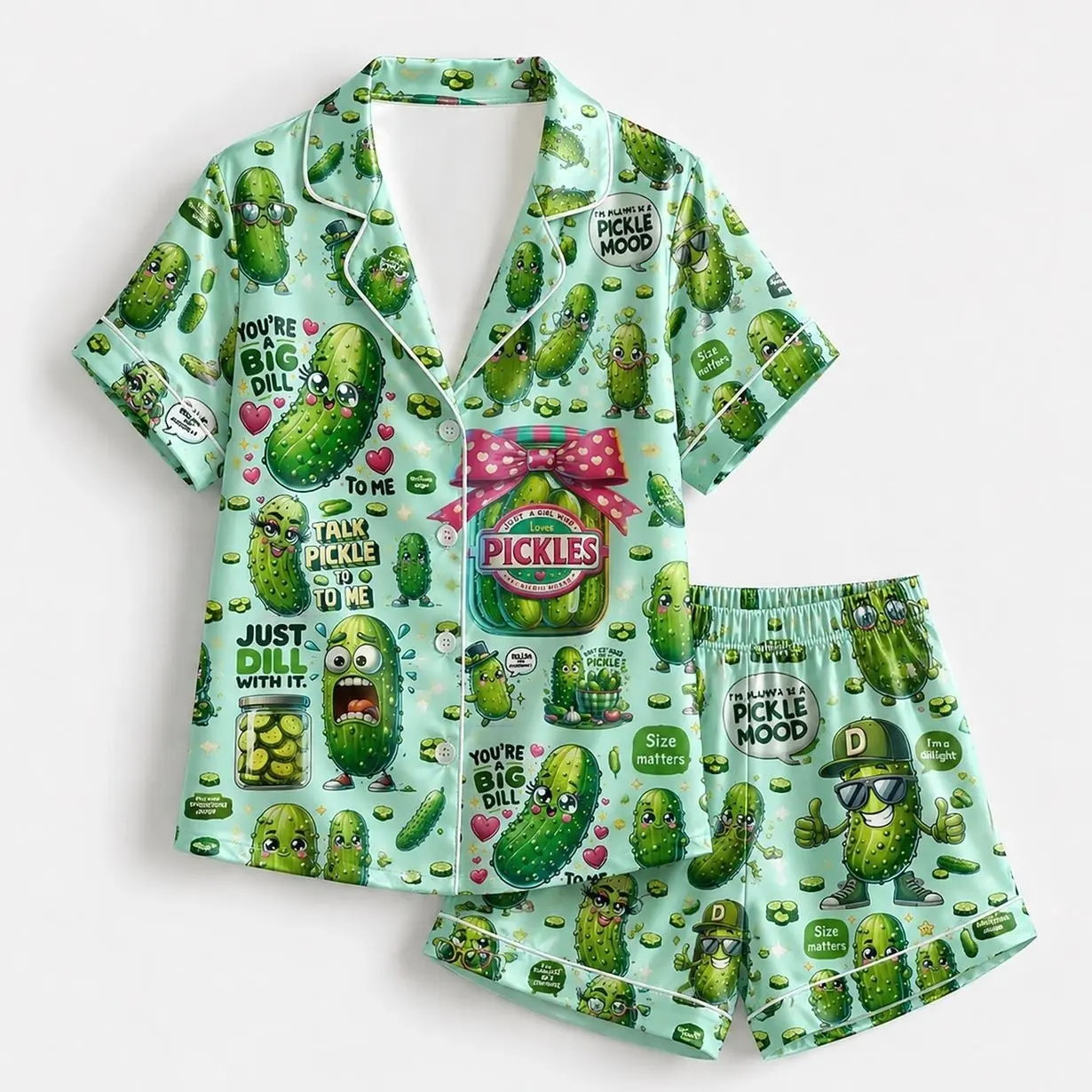 Funny Pickle Satin Pajama Set With Button Up Shirt And Elastic Waist Matching Bottoms