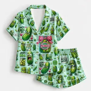 Funny Pickle Satin Pajama Set With Button Up Shirt And Elastic Waist Matching Bottoms