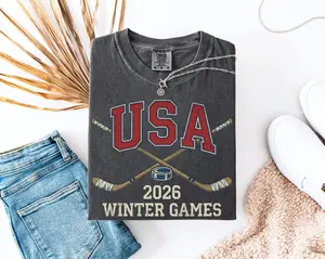 Comfort Colors USA Hockey T Shirt 2026 Winter Games, Vintage American Ice Hockey T-Shirt, Retro Varsity Sports Fan Gift, Patriotic Team Support Tee