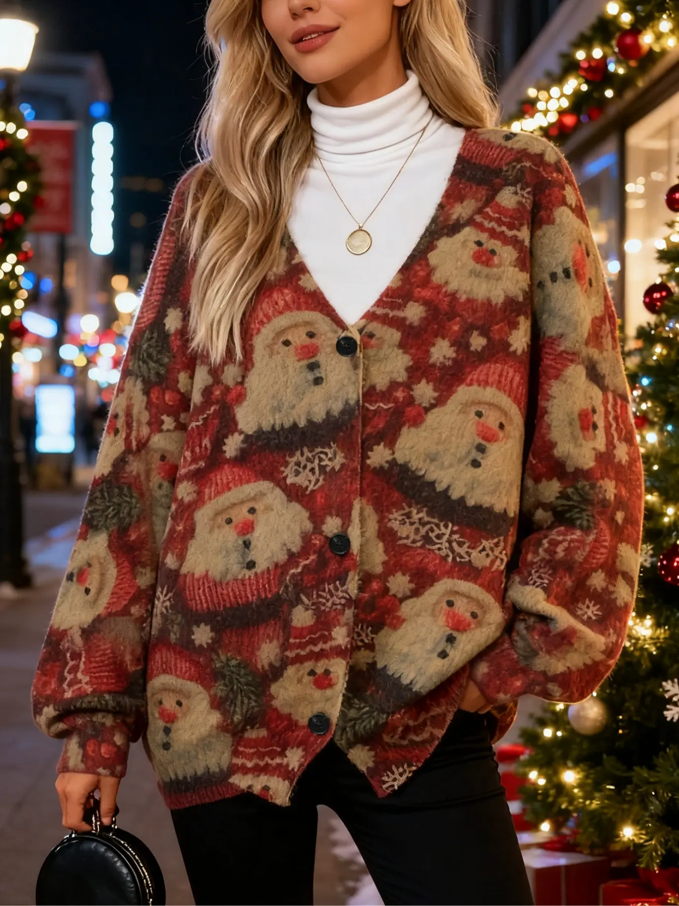 Plus Size Women's Christmas Knitted Cardigan Sweater, Comfortable Button Front Design with Dual Pockets, Ideal Winter Gift
