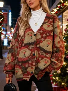 Plus Size Women's Christmas Knitted Cardigan Sweater, Comfortable Button Front Design with Dual Pockets, Ideal Winter Gift