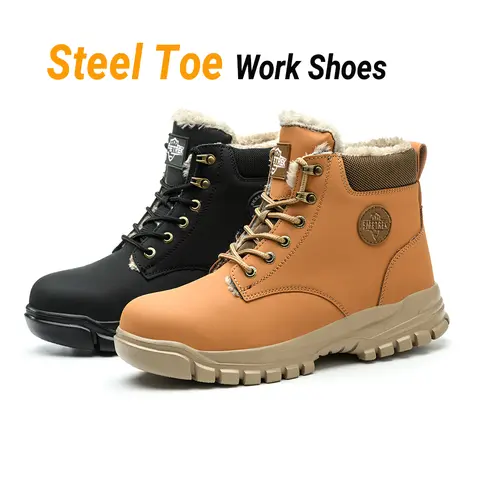 Steel Toe Work Shoes With Plush Lining, Anti-Smash and Anti-Puncture Safety Boots, Water-Resistant Design, Durable Abrasion-Resistant Outsole, Soft Cushioned Insole, Lightweight Work shoes with Rotary Buckle Lacing for Construction & Industrial Work