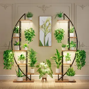 POZILAN Plant Stand Indoor with Grow Lights, 6 Tiered Tall Plant Shelf, 63" Metal Plant Stand for Indoor Plants Multiple, Half-Moon Plant Rack Display Shelf, 2 Pcs Plant Holder for Living Room, Patio   Flower Artistic Decorative Home